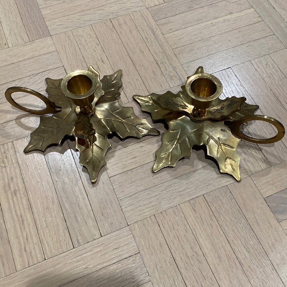 Vintage set of two Christmas, holly brass candle holders made in India